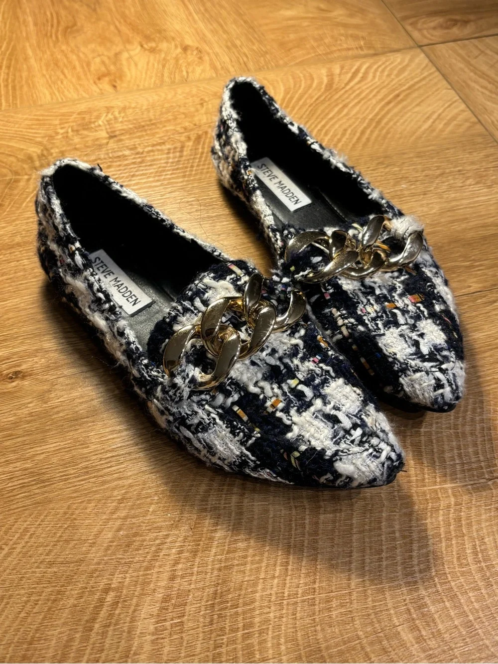 Steve Madden Black & White Tweed Pointed Loafers with Gold Chain